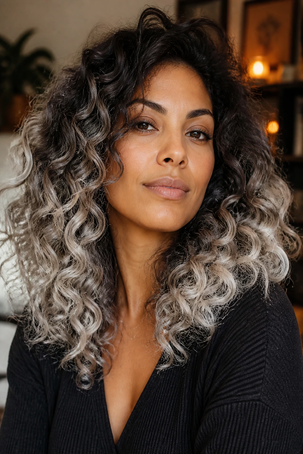 Portrait of olive-skinned person with espresso roots and platinum ends, curly texture fills the frame