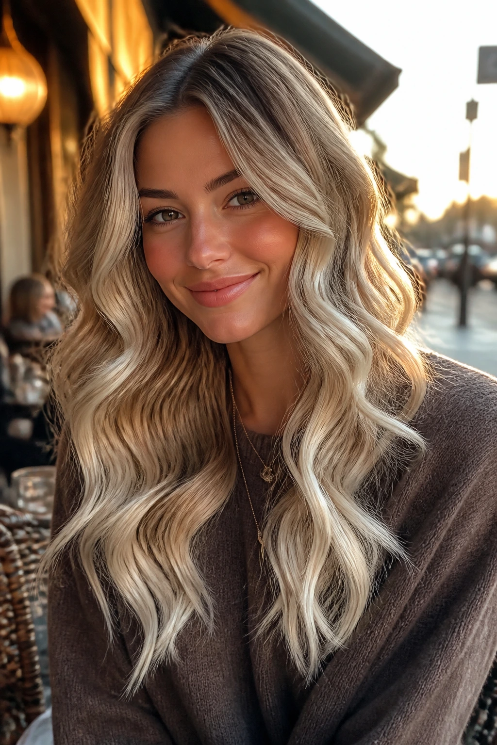 Long blonde hair with loose barrel curls and platinum ends