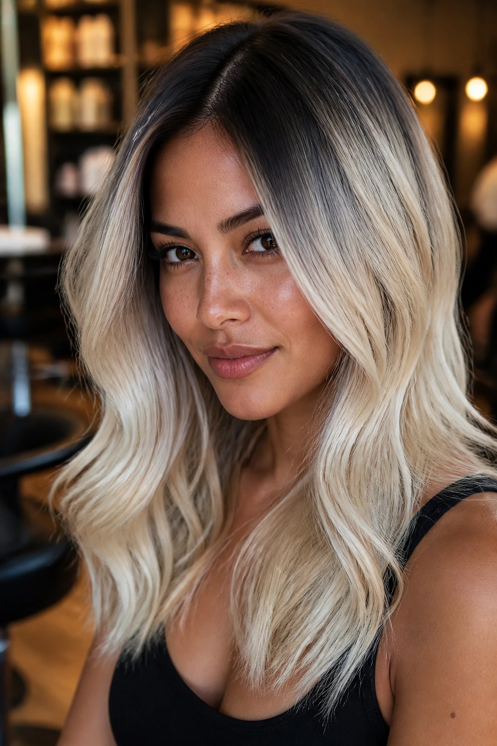 Portrait of a real person with espresso-rooted platinum hair