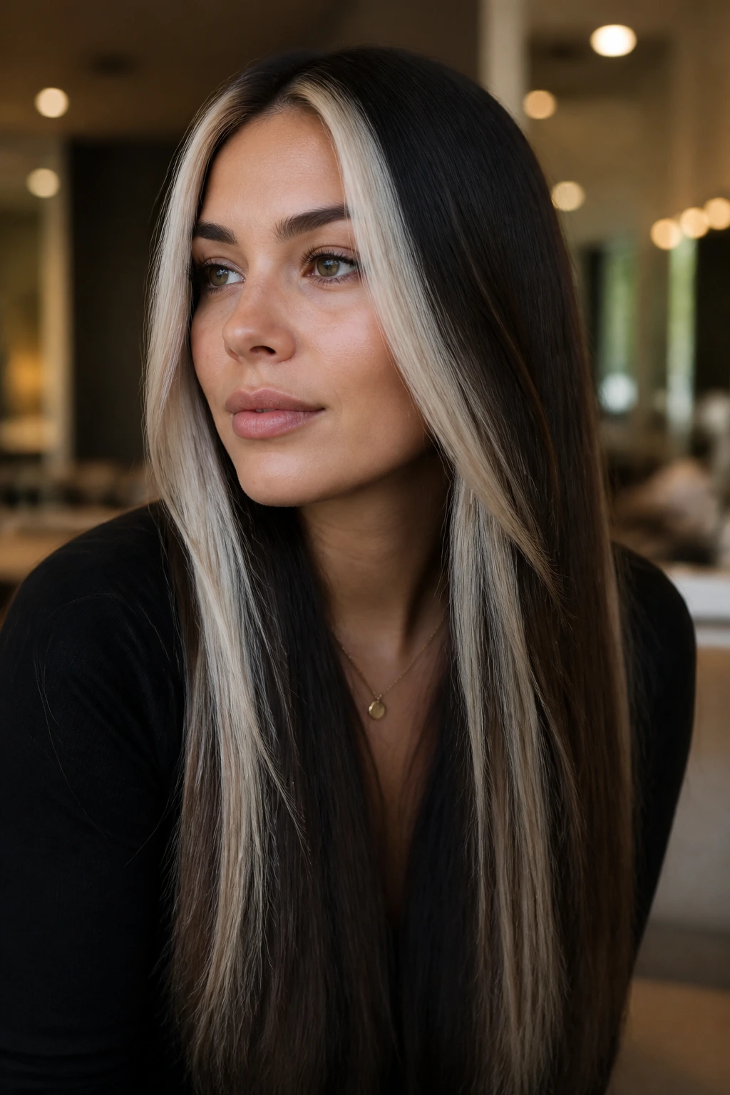 Close-up of brunette hair with platinum-dipped face frame and dark interior