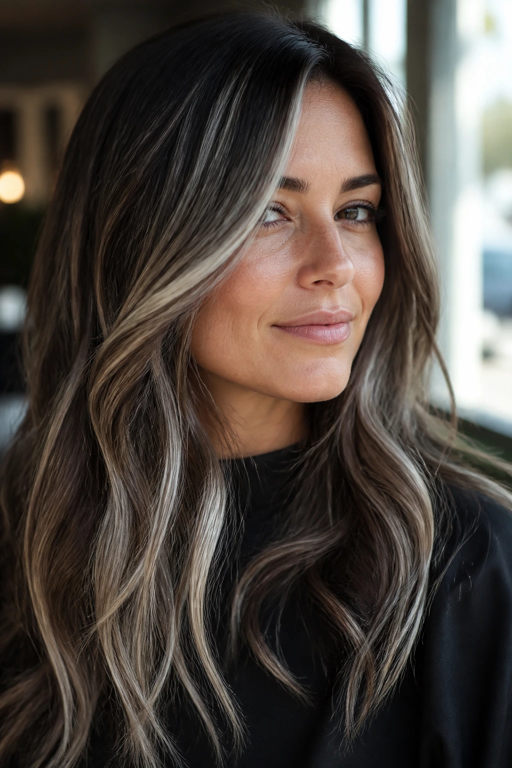 Close-up of a real woman with platinum featherlights in brunette hair for airy dimension