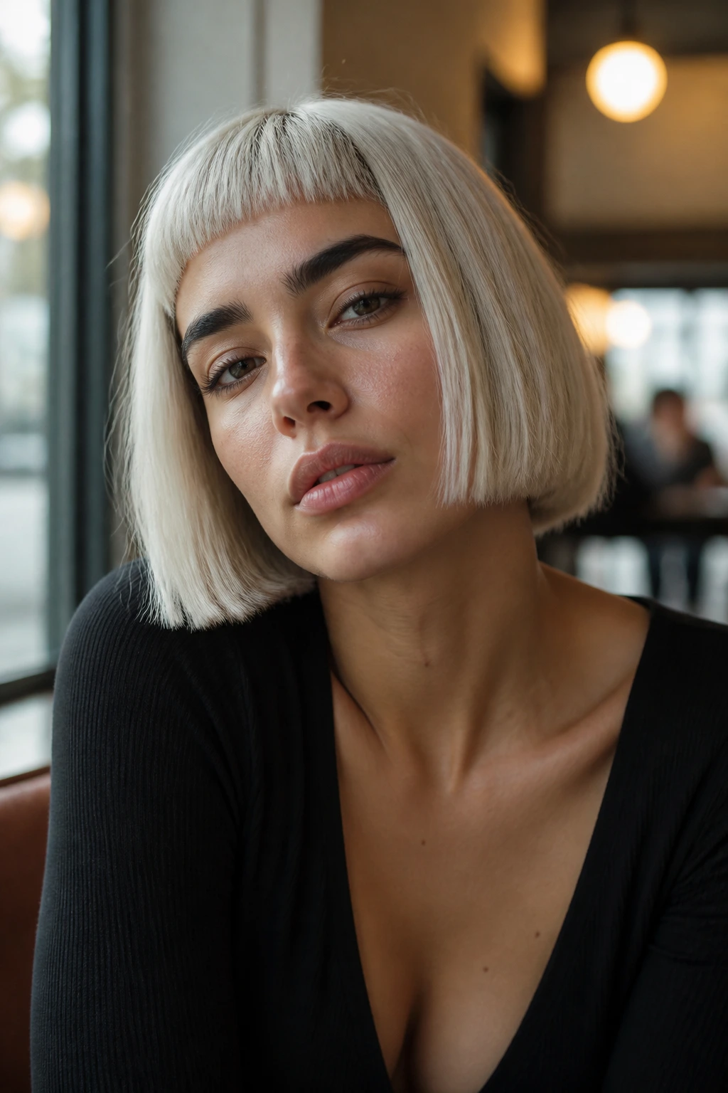 Close-up of a real woman with a French bob and micro fringe in platinum