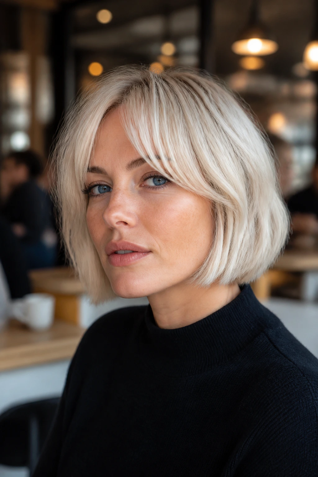 Portrait of a woman with a platinum French bob and soft curtain bangs
