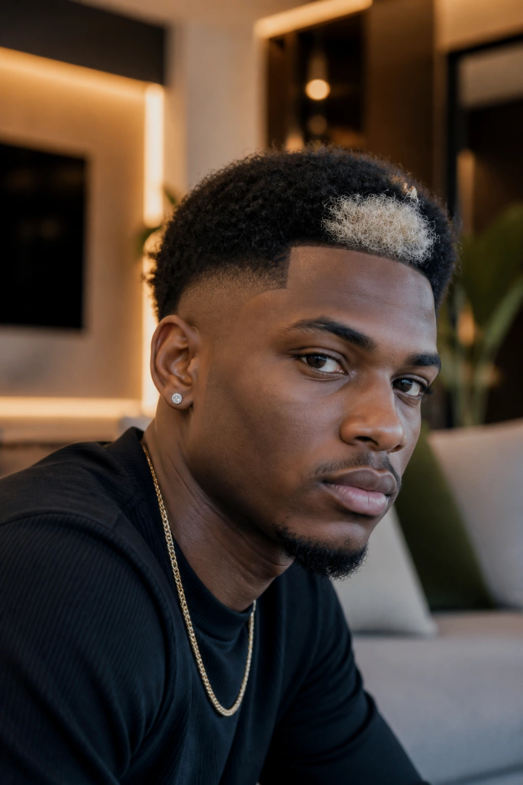 Portrait of a man with platinum front block on a crop hairstyle.