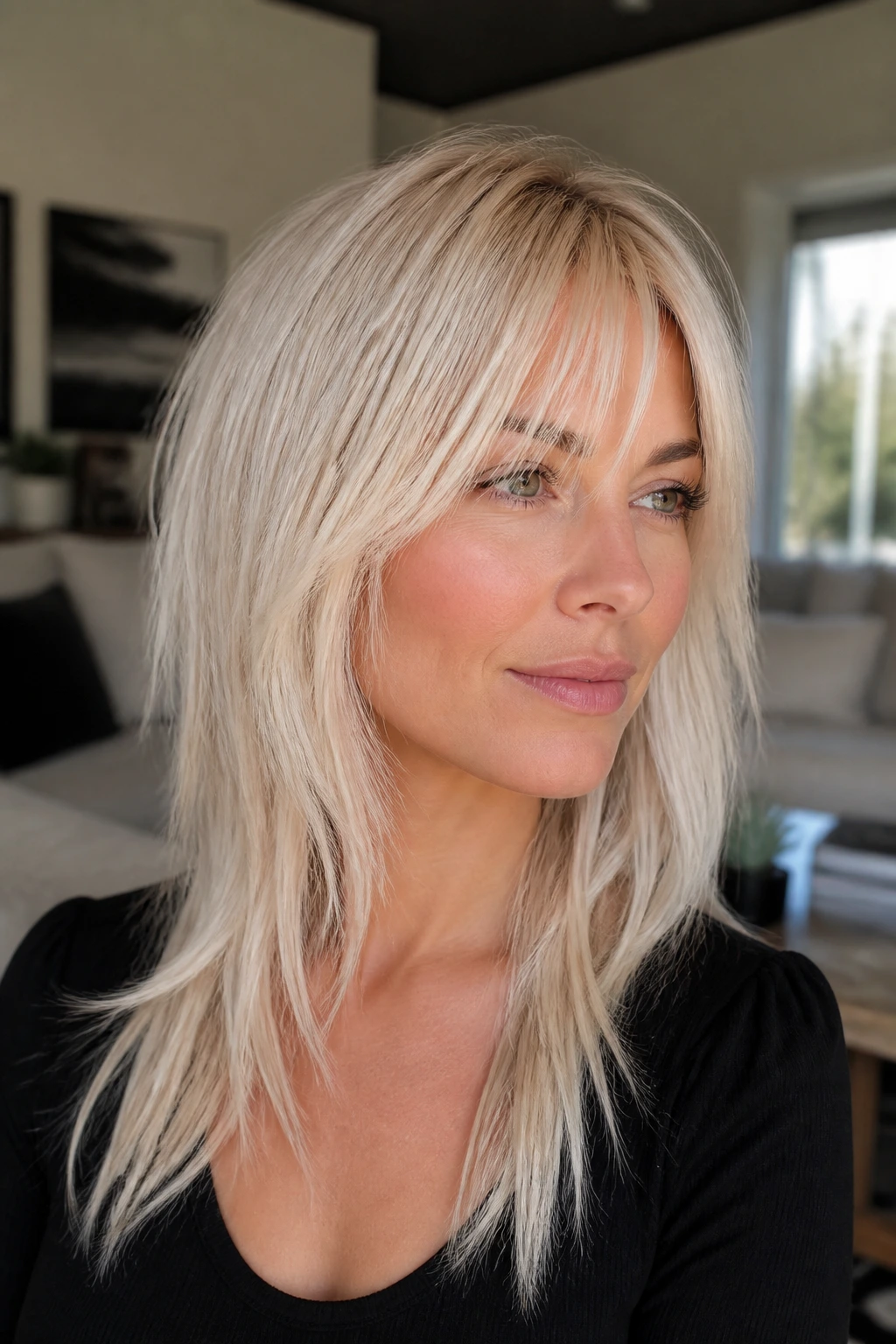 Close-up of a real woman with platinum hair and tapered front sections