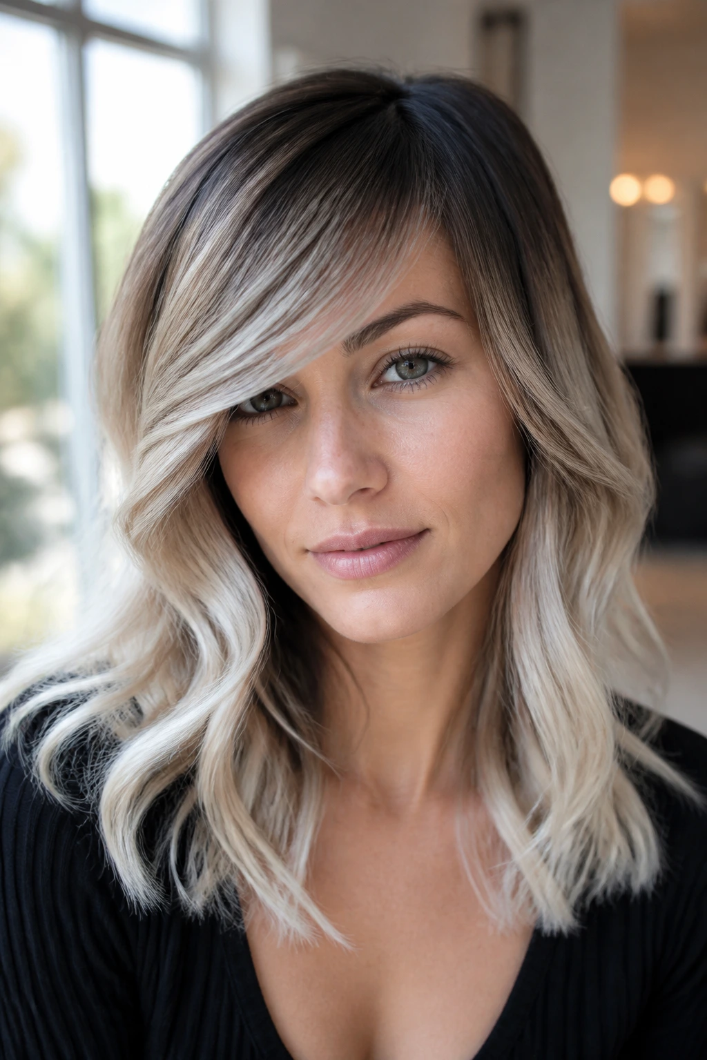 Close-up of a real woman with dark roots and frosted platinum ends with side-swept bangs.