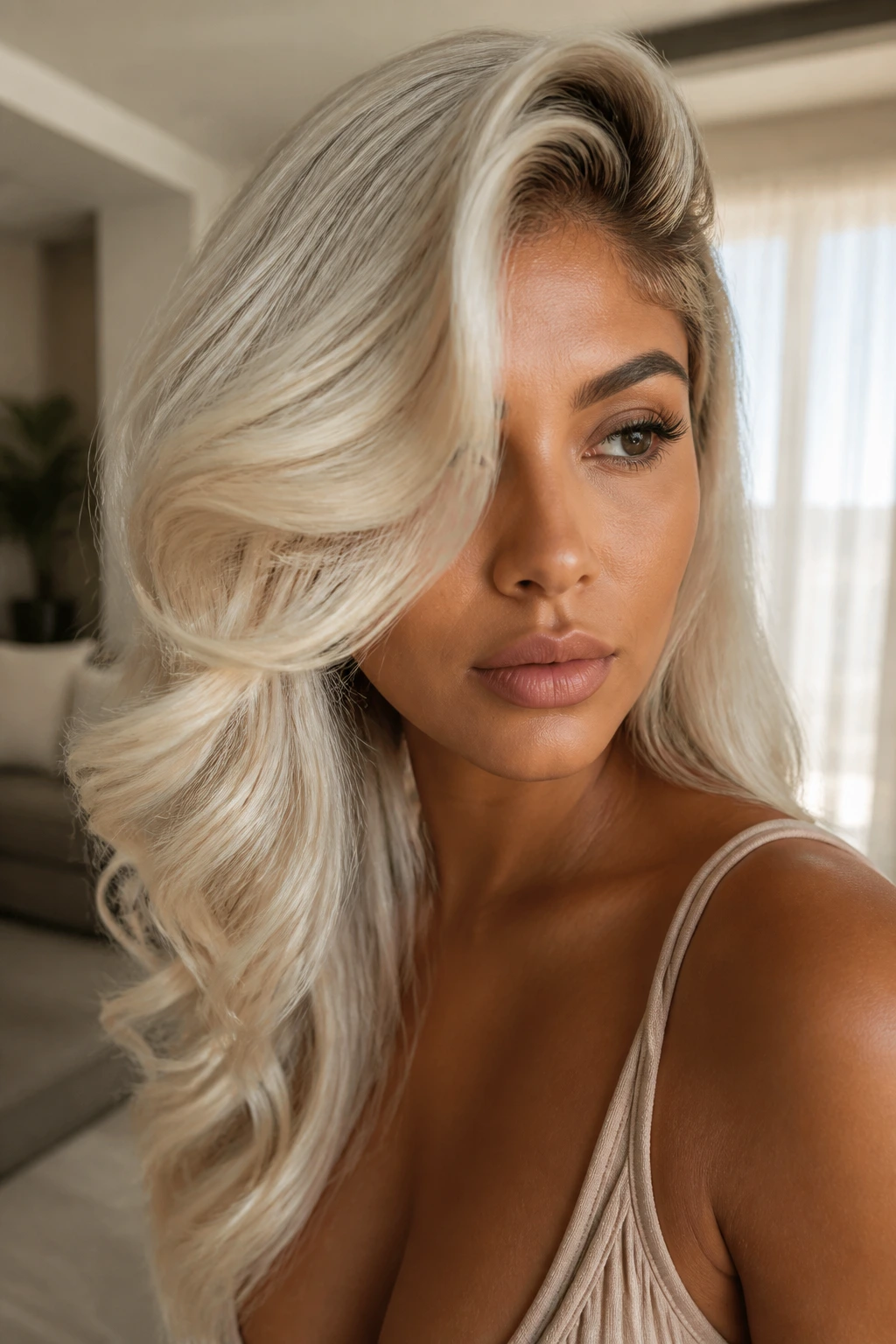 Side-parted glamour waves in platinum on olive skin