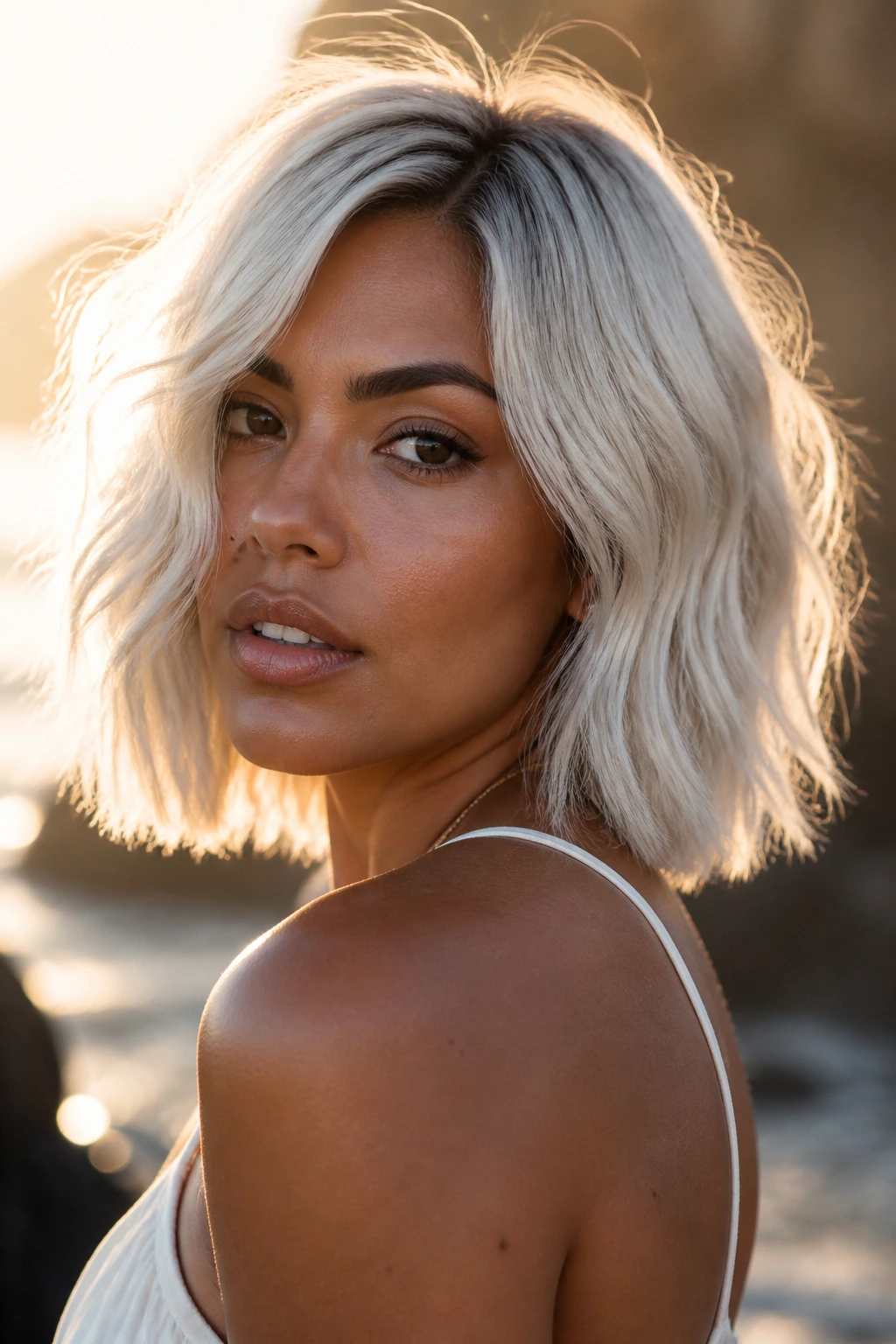 Close-up of luminous platinum hair glowing in golden hour light on tan skin