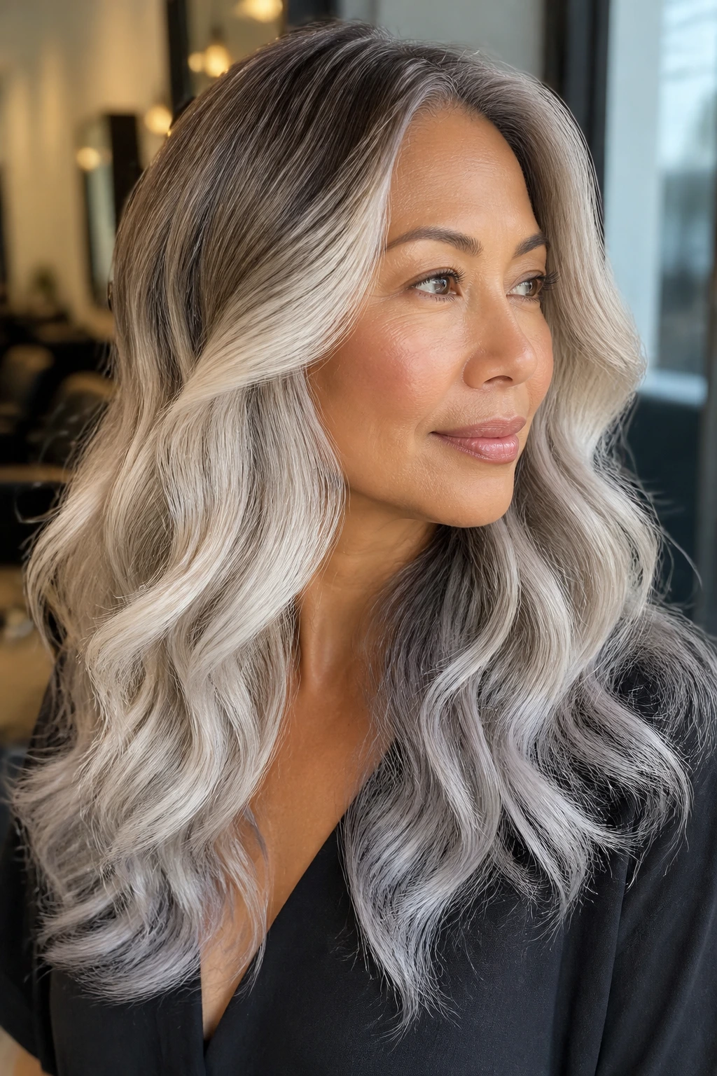 Close-up of a real woman with platinum-to-gray ombré waves and a soft beige-taupe root