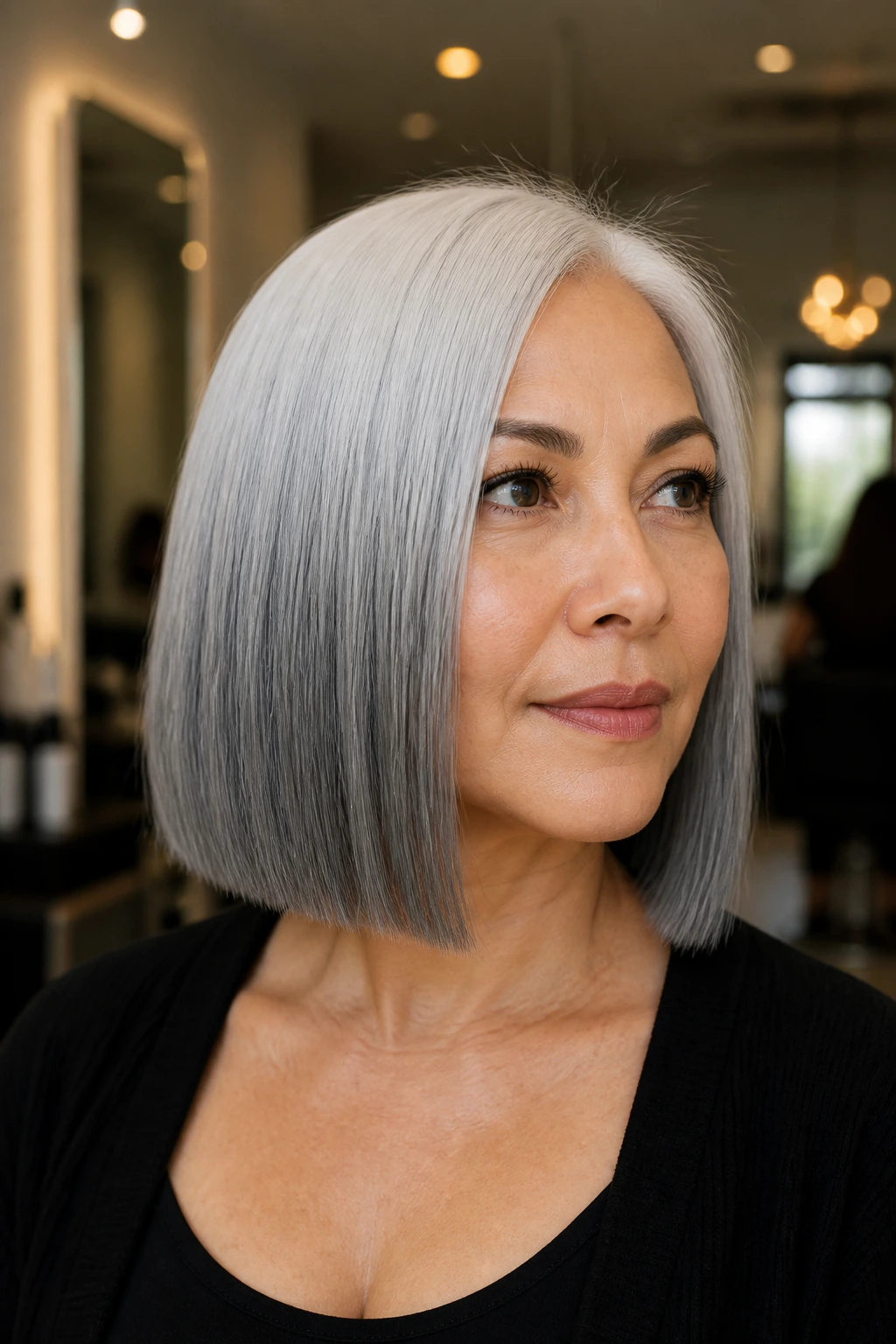 Close-up of a real person with platinum-to-grey melt hair in a blunt bob, salon lighting