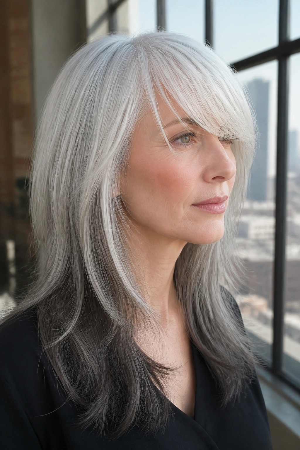Close-up portrait of a real person with platinum-to-grey melt on layered length