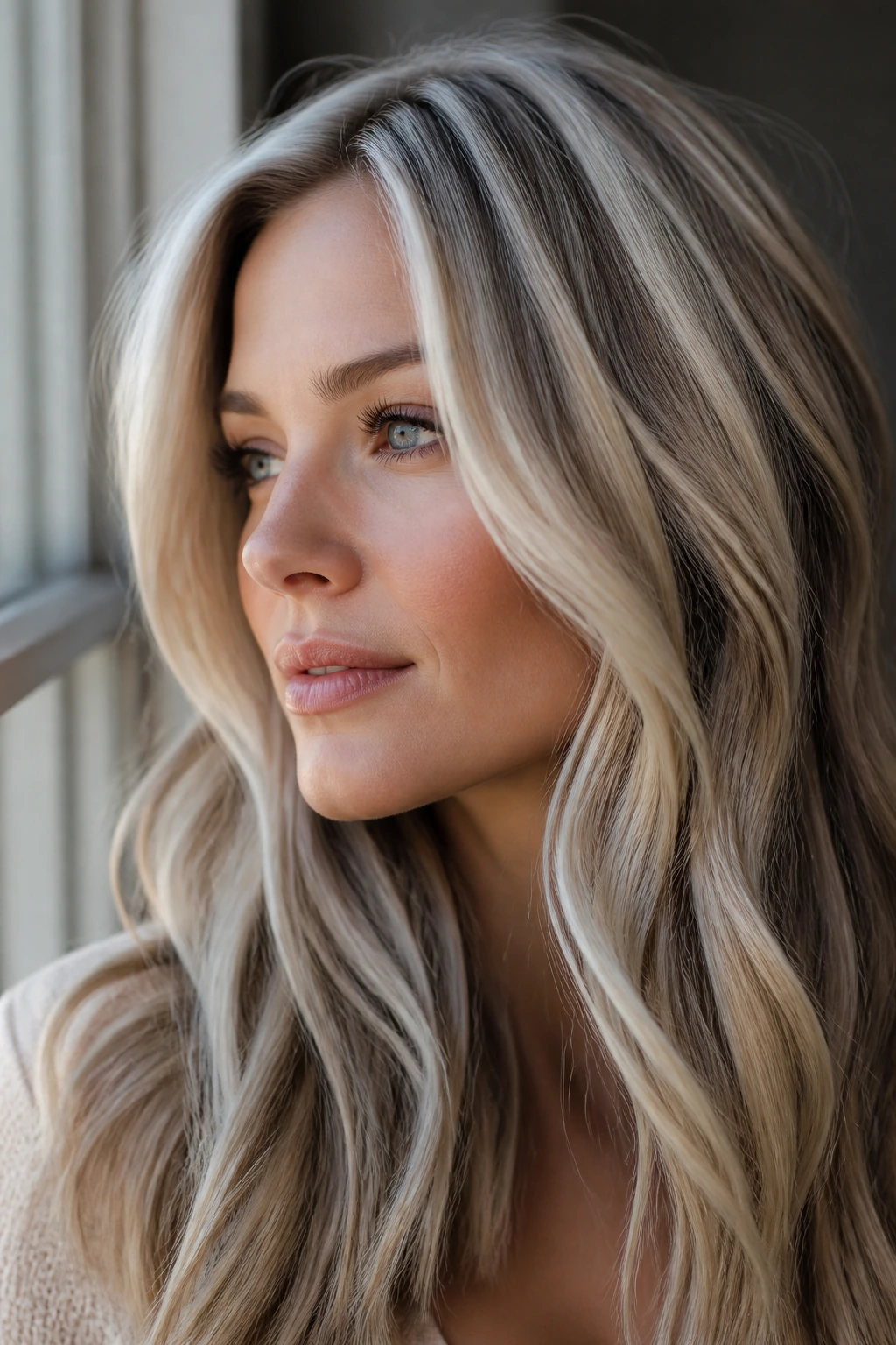Portrait of a person with cool beige ribbon highlights in platinum hair