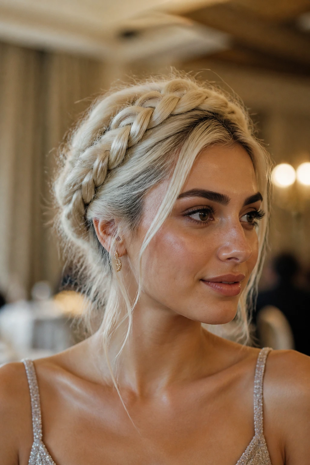 Portrait of platinum braided crown updo on olive skin