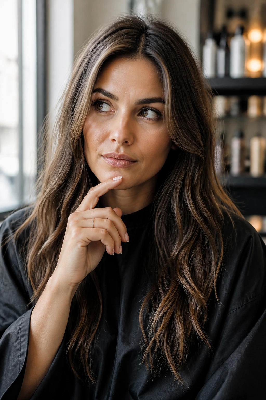 Close-up portrait of a brunette woman in a salon, thoughtful expression, hair showing natural brunette base with subtle root lift