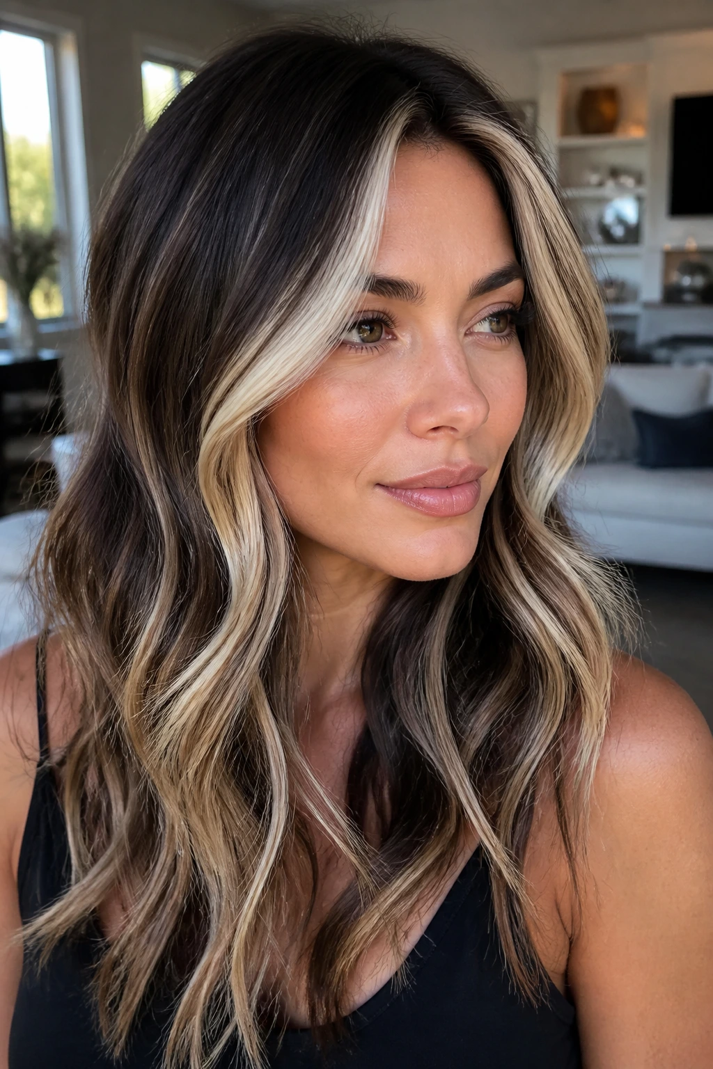 Close-up of brunette-to-platinum hair with face-framing highlights on a real woman