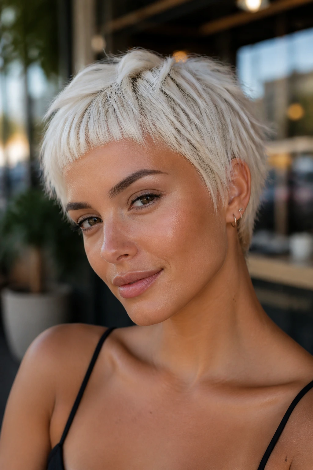 Close-up of a real woman with a platinum choppy crop and micro fringe