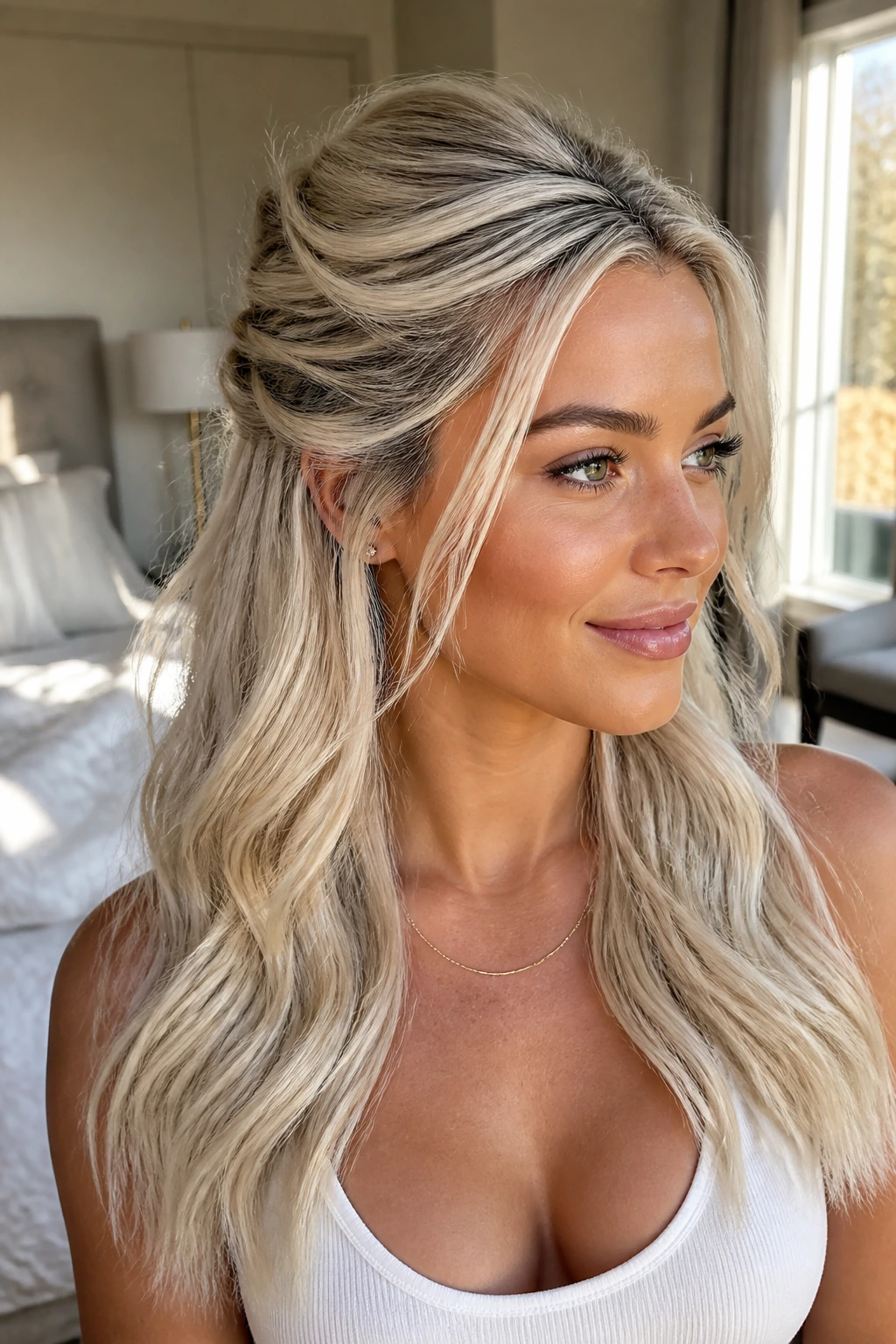 Close-up of platinum half-up twist with crown lift on a real woman in warm natural light