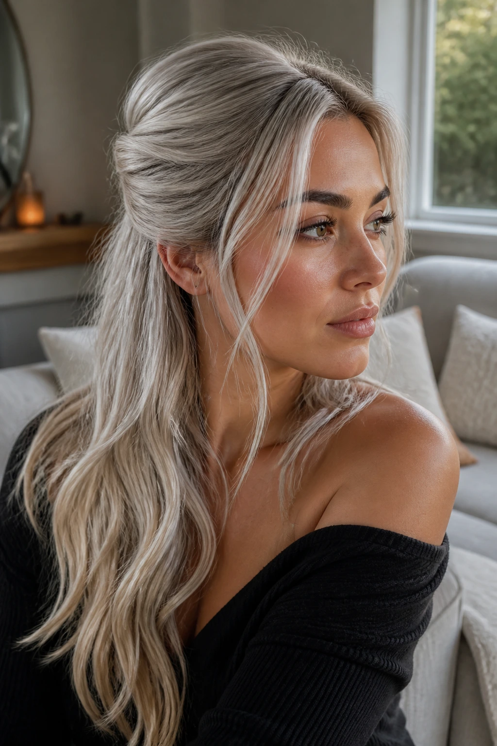 Close-up with half-up twist icy blonde on olive skin