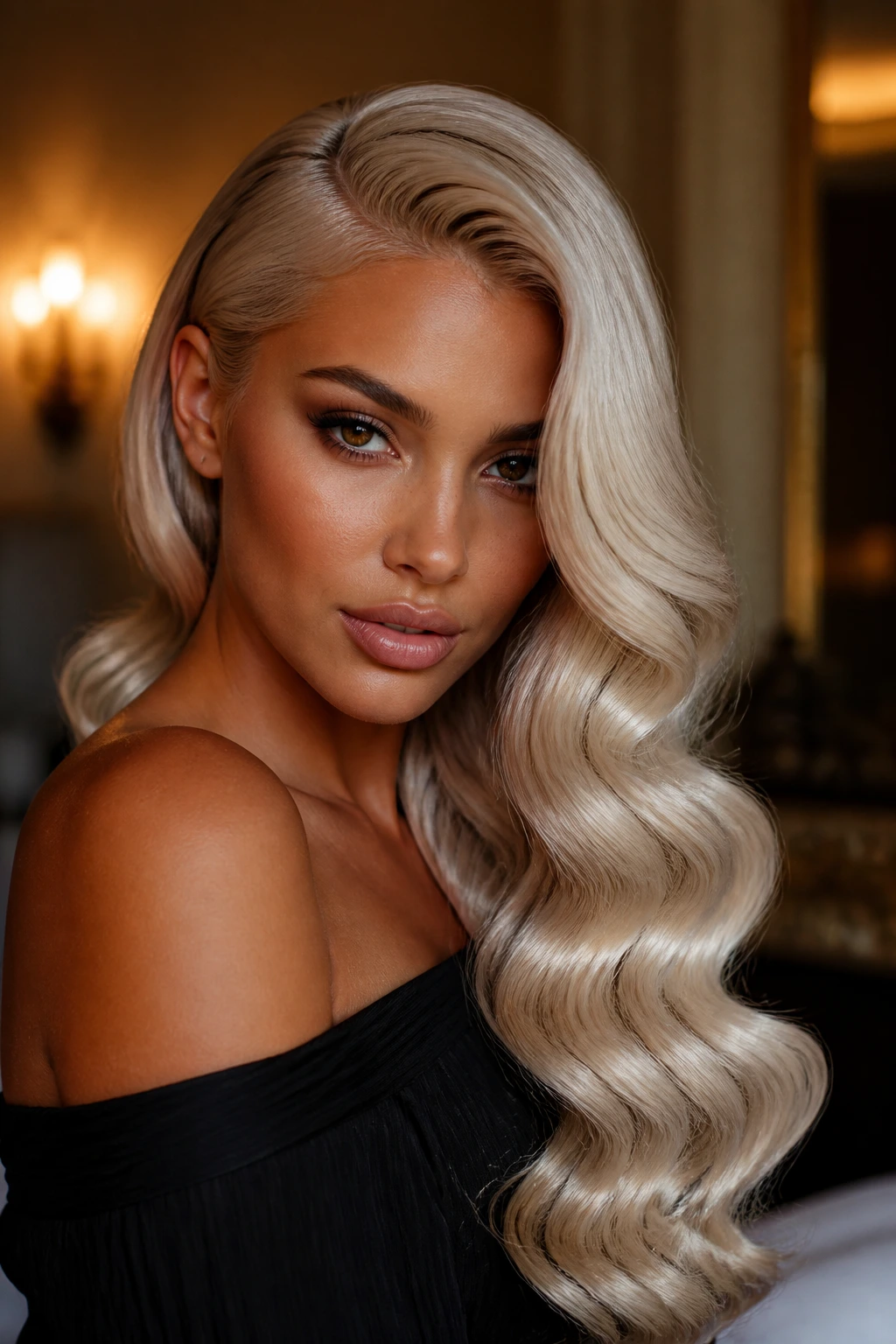 Portrait of glamorous side-part Hollywood waves on platinum hair