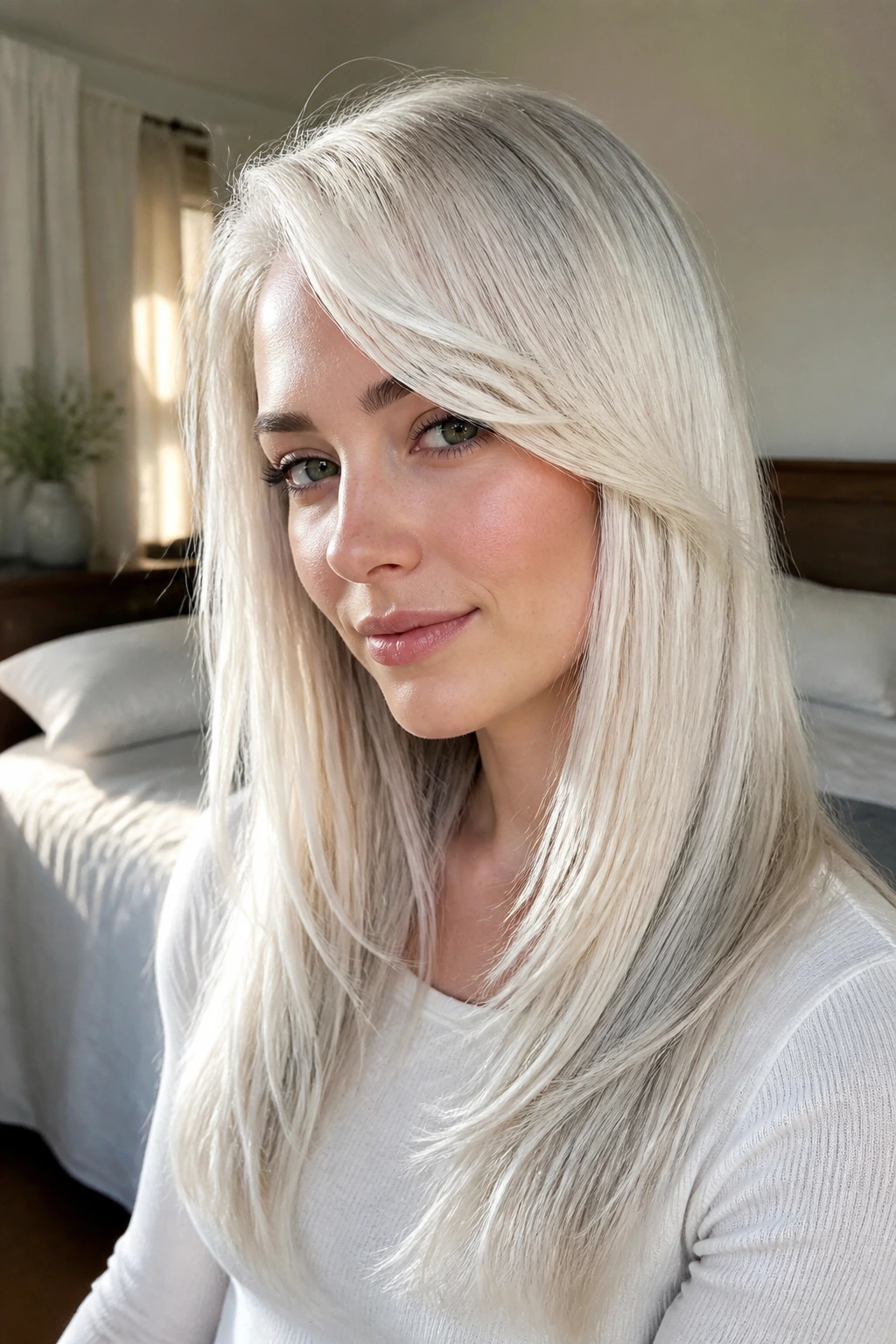 Close-up portrait of a real woman with platinum hair featuring invisible interior layers and a soft side-swept fringe.