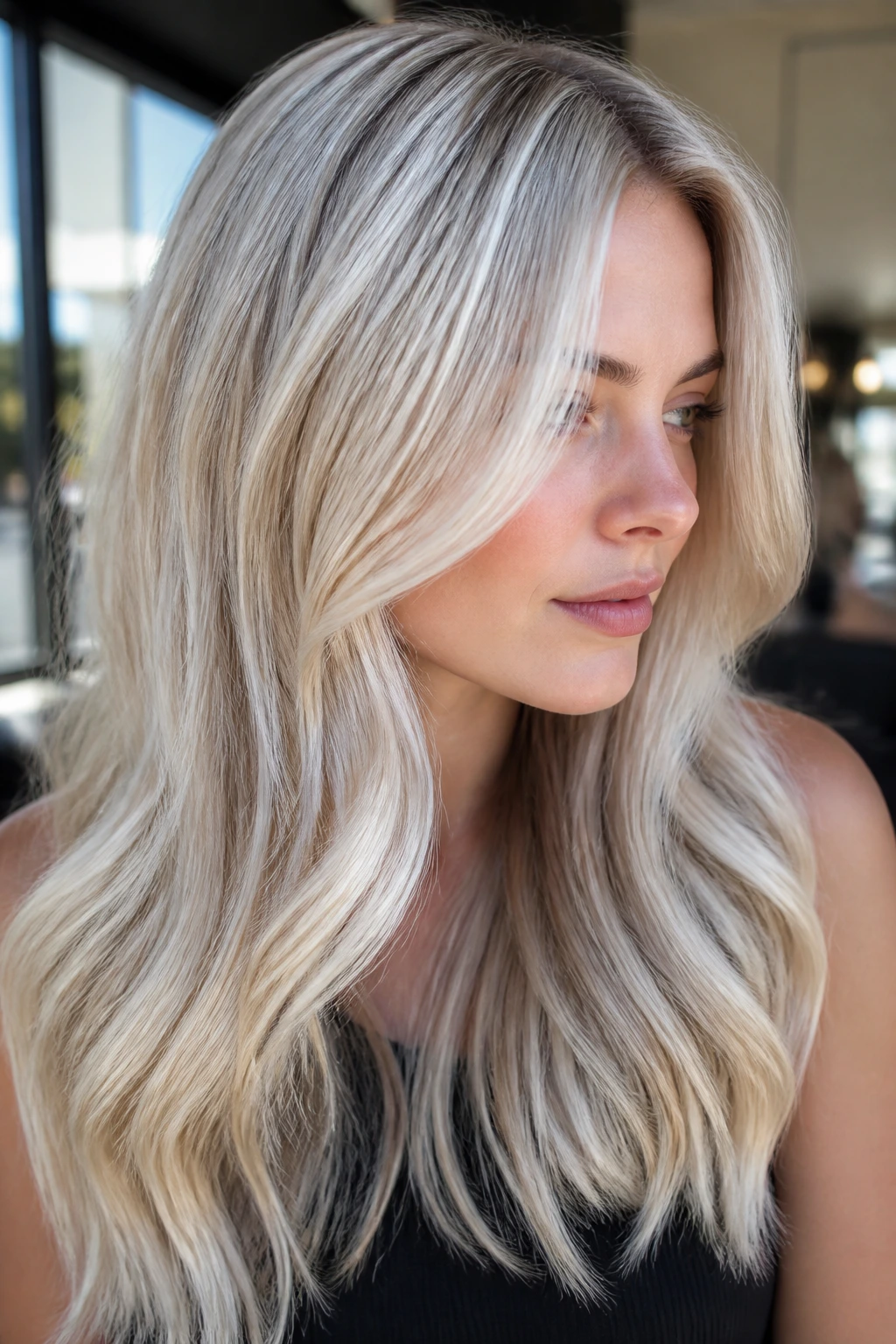 Real woman with warm platinum hair and soft lowlights in natural light