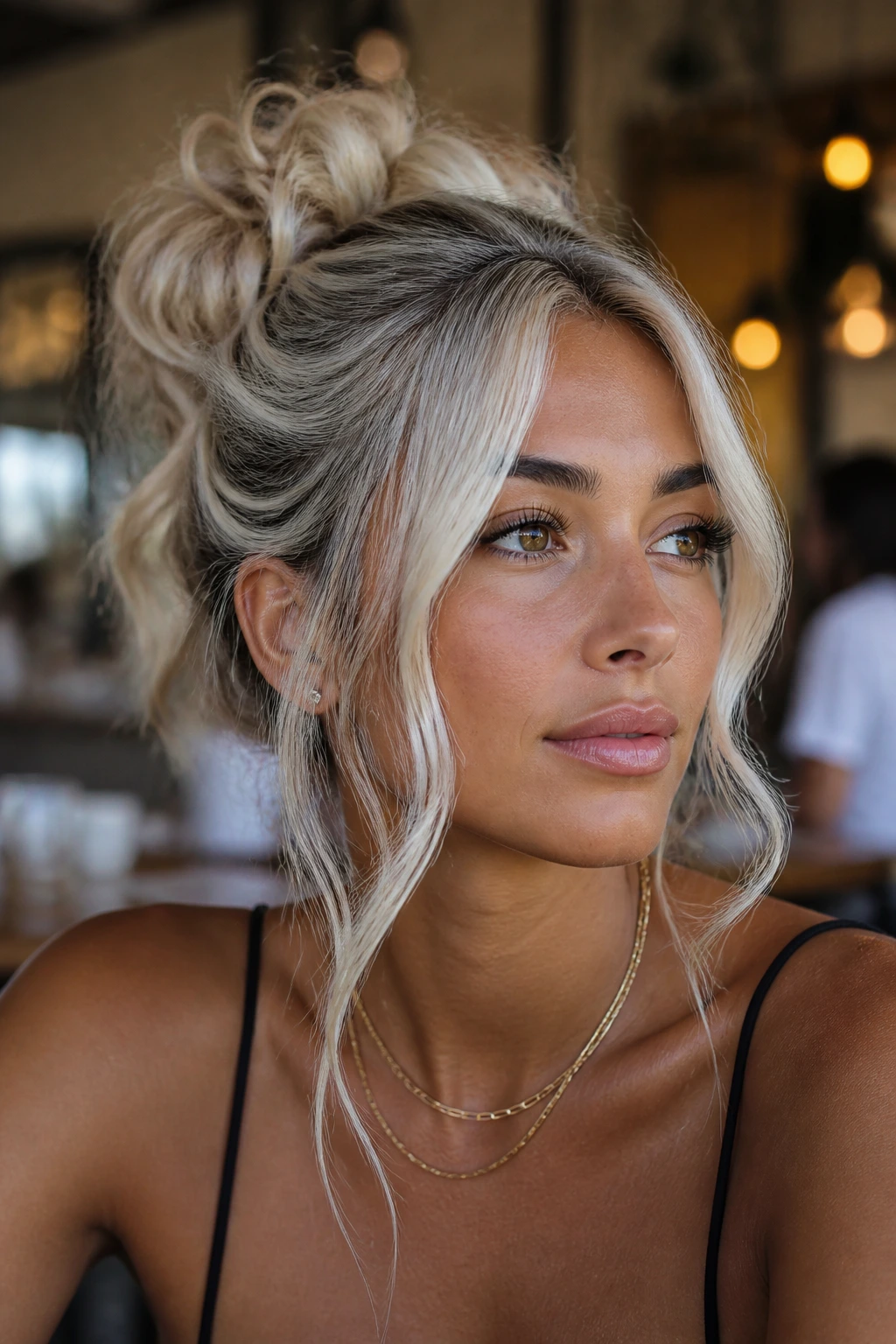 Close-up of a real woman with a messy bun and icy front pieces