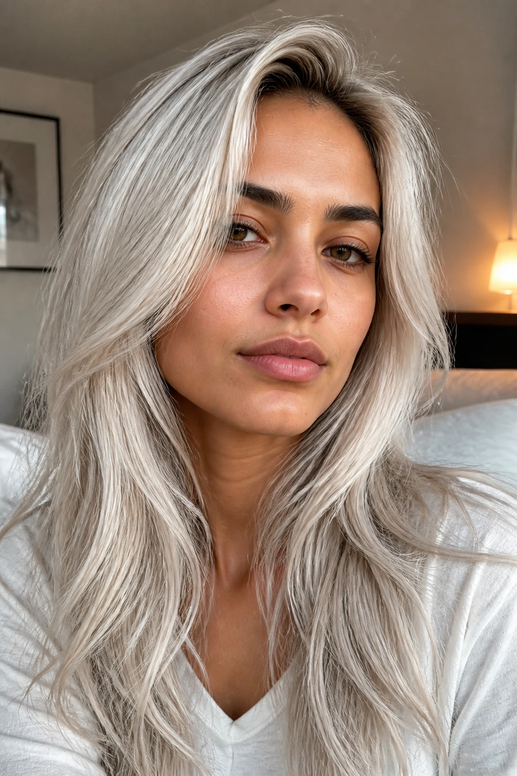 Close-up portrait of a person with icy platinum hair and olive skin under natural window light