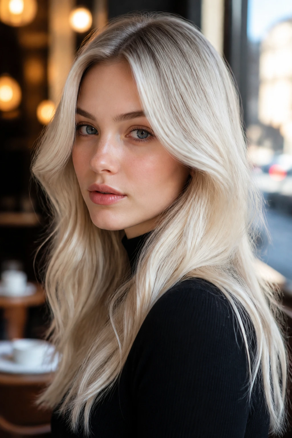 Close-up portrait showing satin platinum hair with a soft root melt on pale skin, luminous finish.