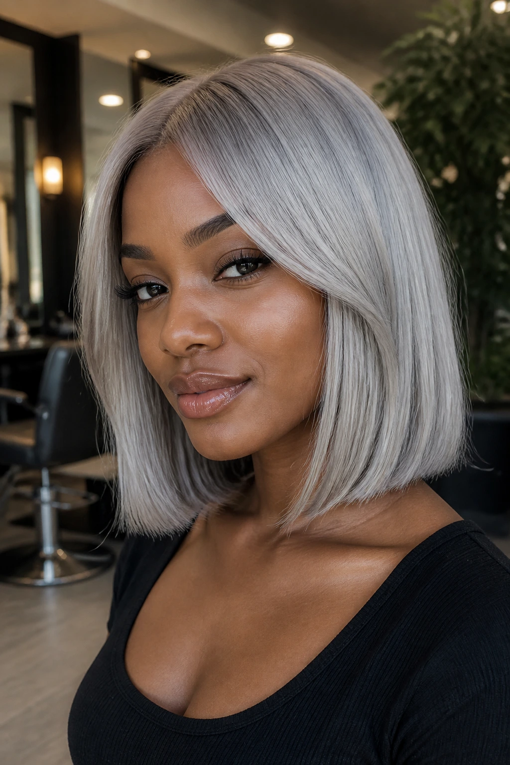 Close-up of a real woman with satin silver lob in a chic salon setting