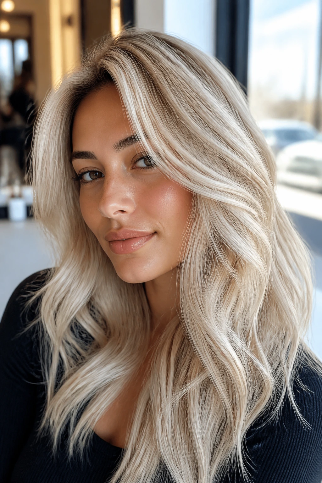 Close-up portrait of a real person with warm-toned platinum hair shades against tan skin in salon lighting