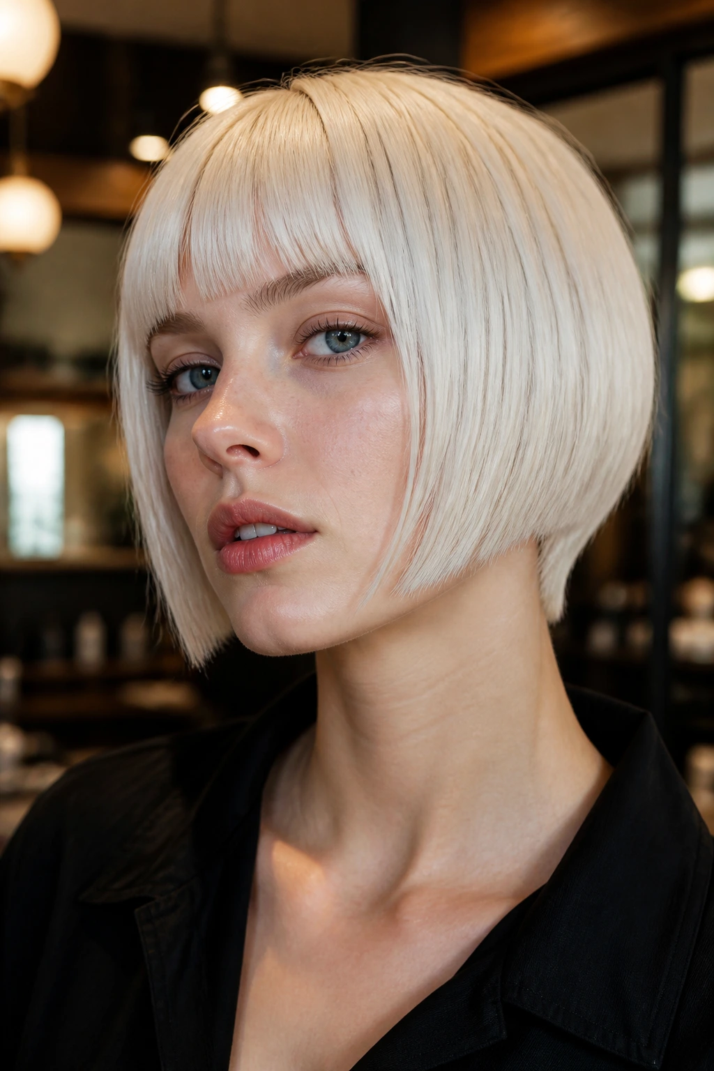 Portrait of a person with platinum blonde hair and a sharp cut highlighting the skin