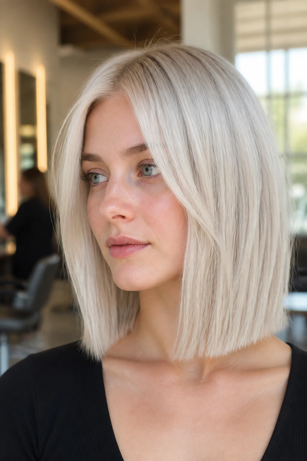 Portrait of a woman with shoulder-length platinum hair in a sunlit salon