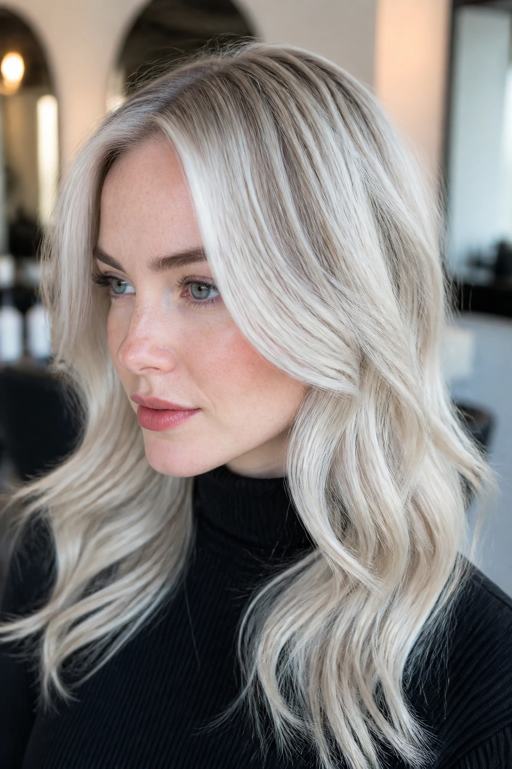 Close-up head-and-shoulders portrait of a real woman with platinum blonde hair and silvery lowlights.