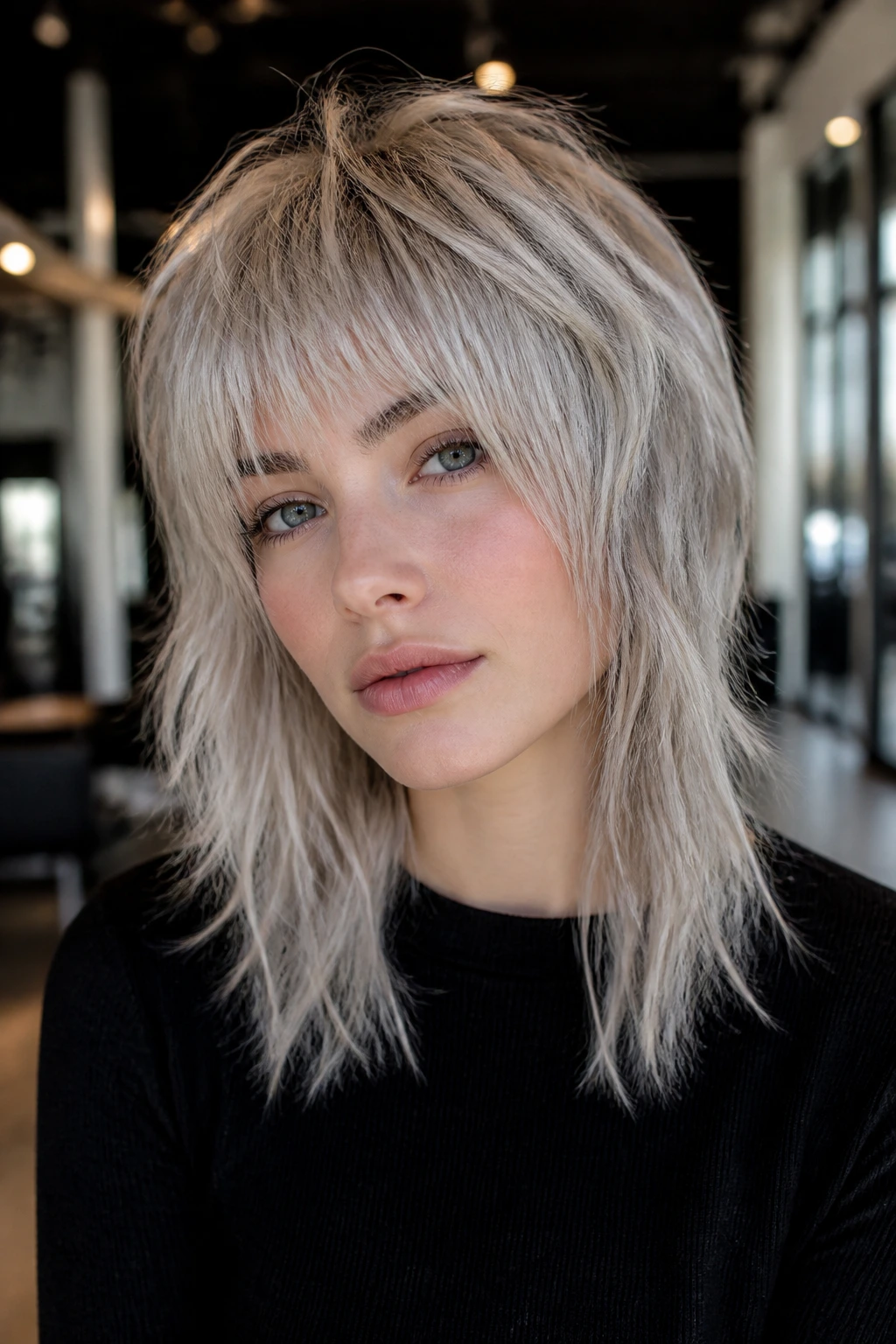 Close-up portrait of a real person with a smoky beige platinum shag