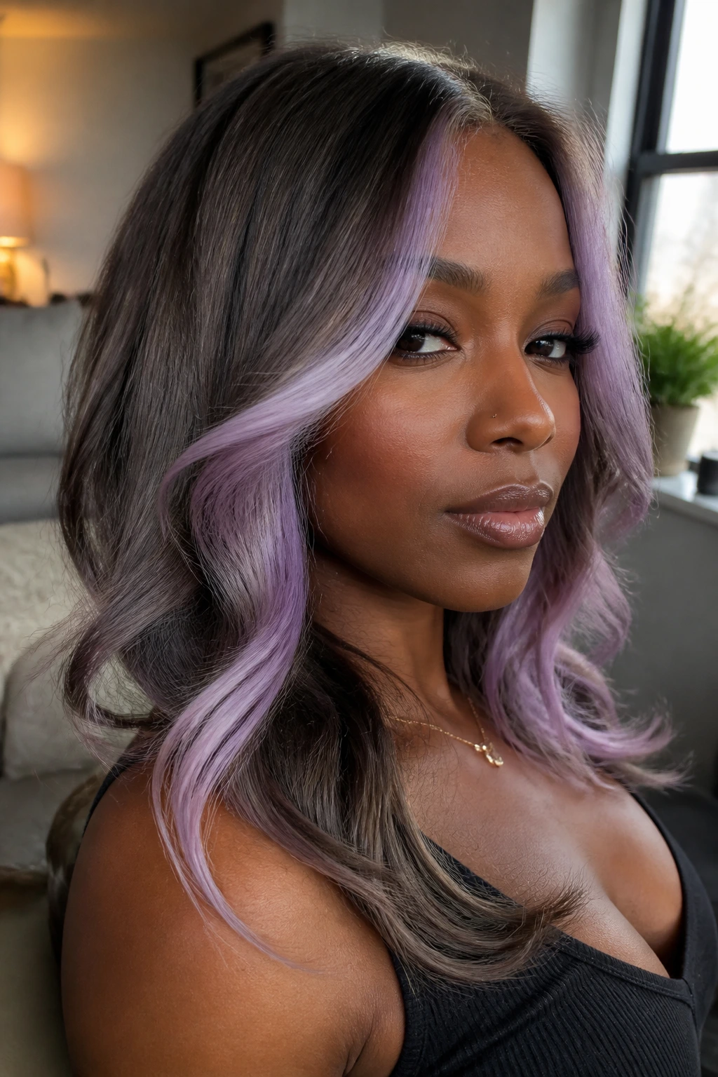Close-up of a real person with smoky lilac face-framing hair around the face