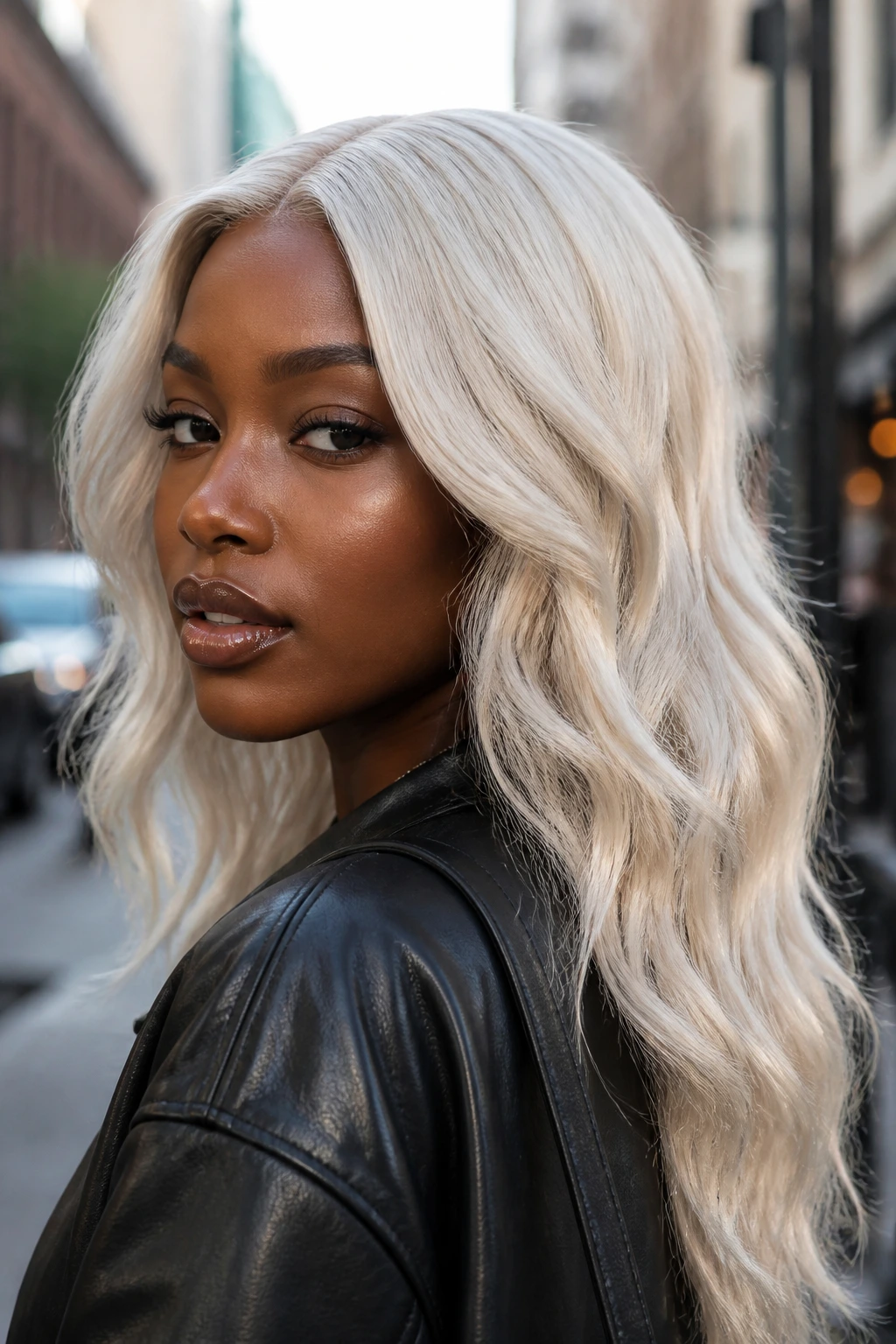 Close-up portrait of a real person with platinum hair in an urban street setting