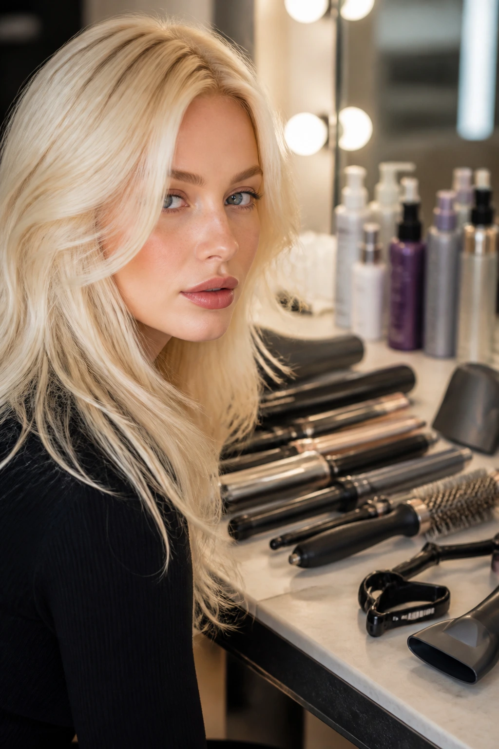 Close-up portrait in a salon with platinum hair and styling tools in the background