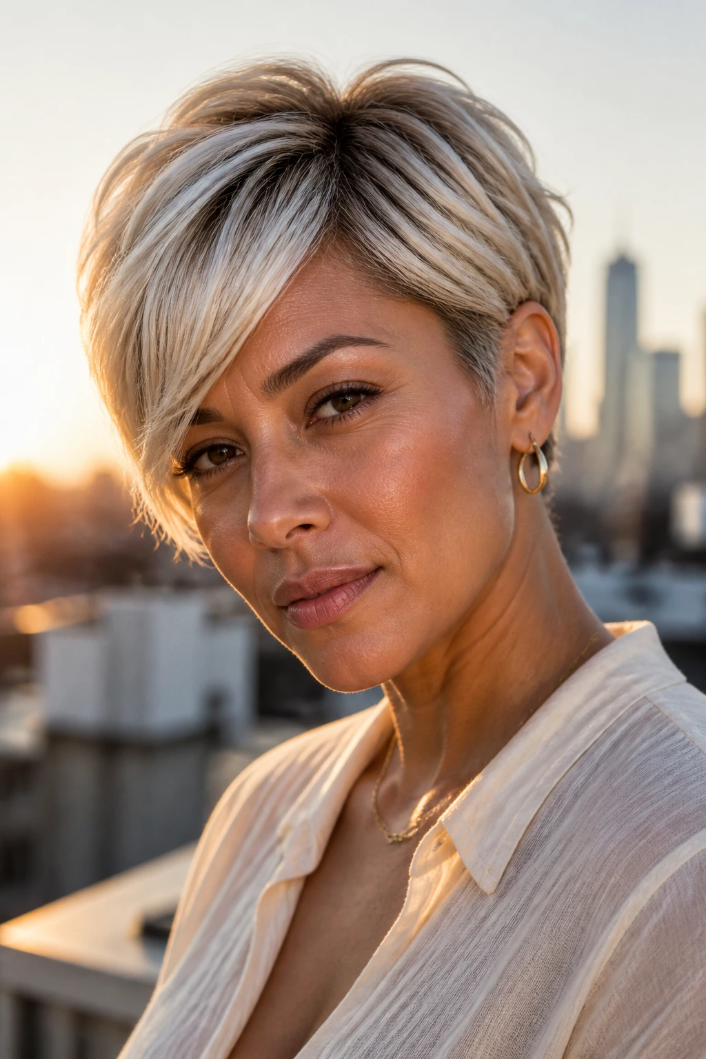 Portrait of a real person with a platinum veil crop on neutral-toned rooftop lighting.