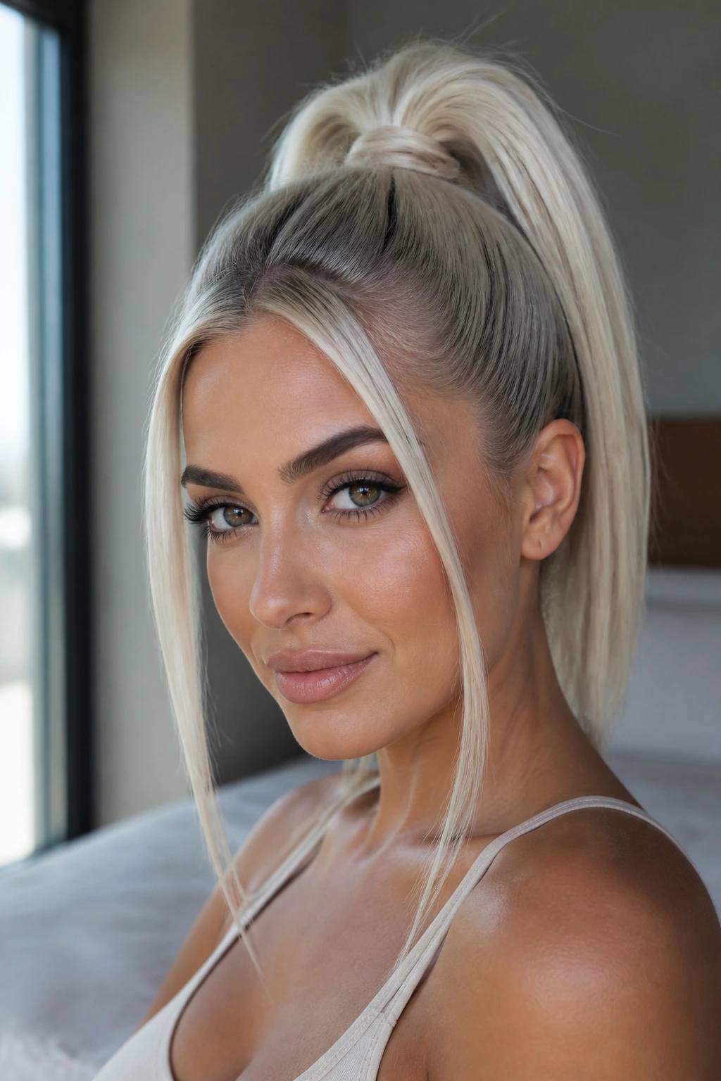Close-up portrait of a real woman with icy platinum high ponytail and face-framing pieces