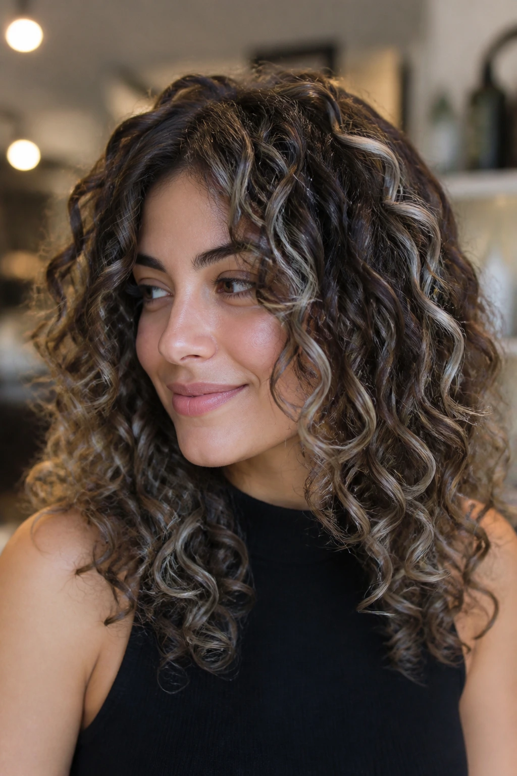 Close-up of a real woman with platinum stitch highlights in curls