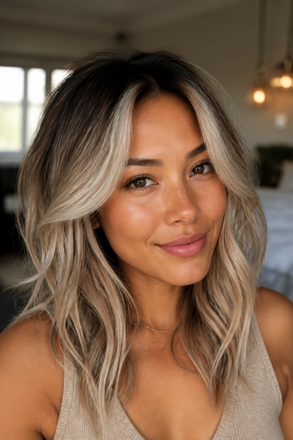 Close-up portrait showing platinum highlights around a warm-skinned face.
