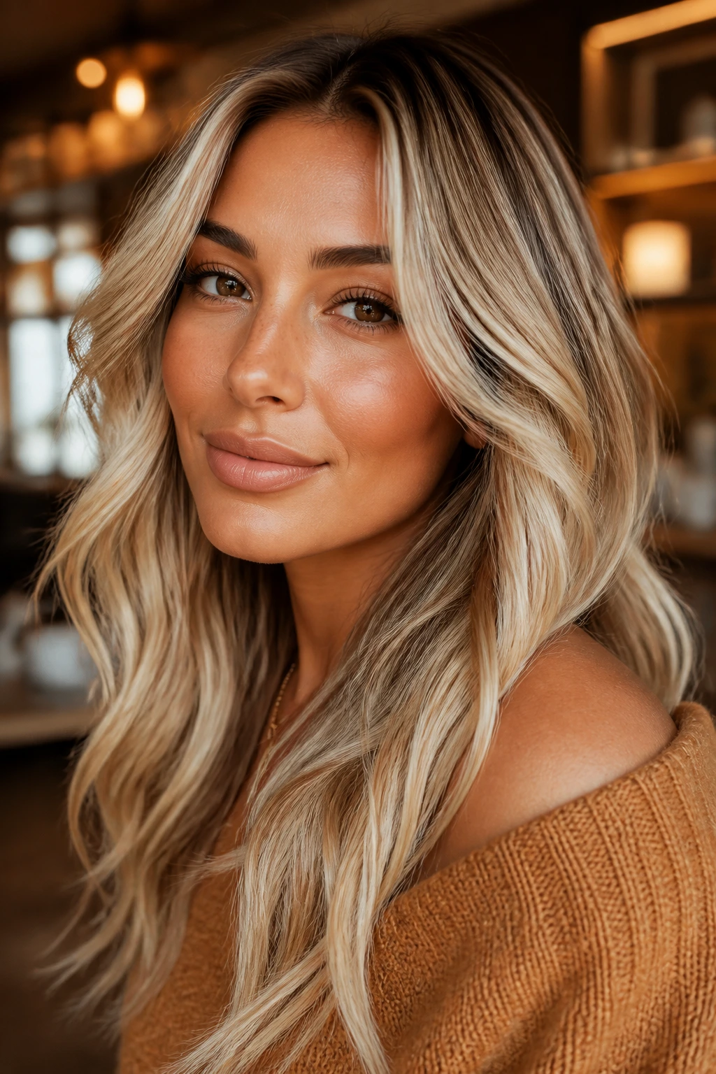 Portrait of a warm-toned skin woman with platinum highlights and warm makeup