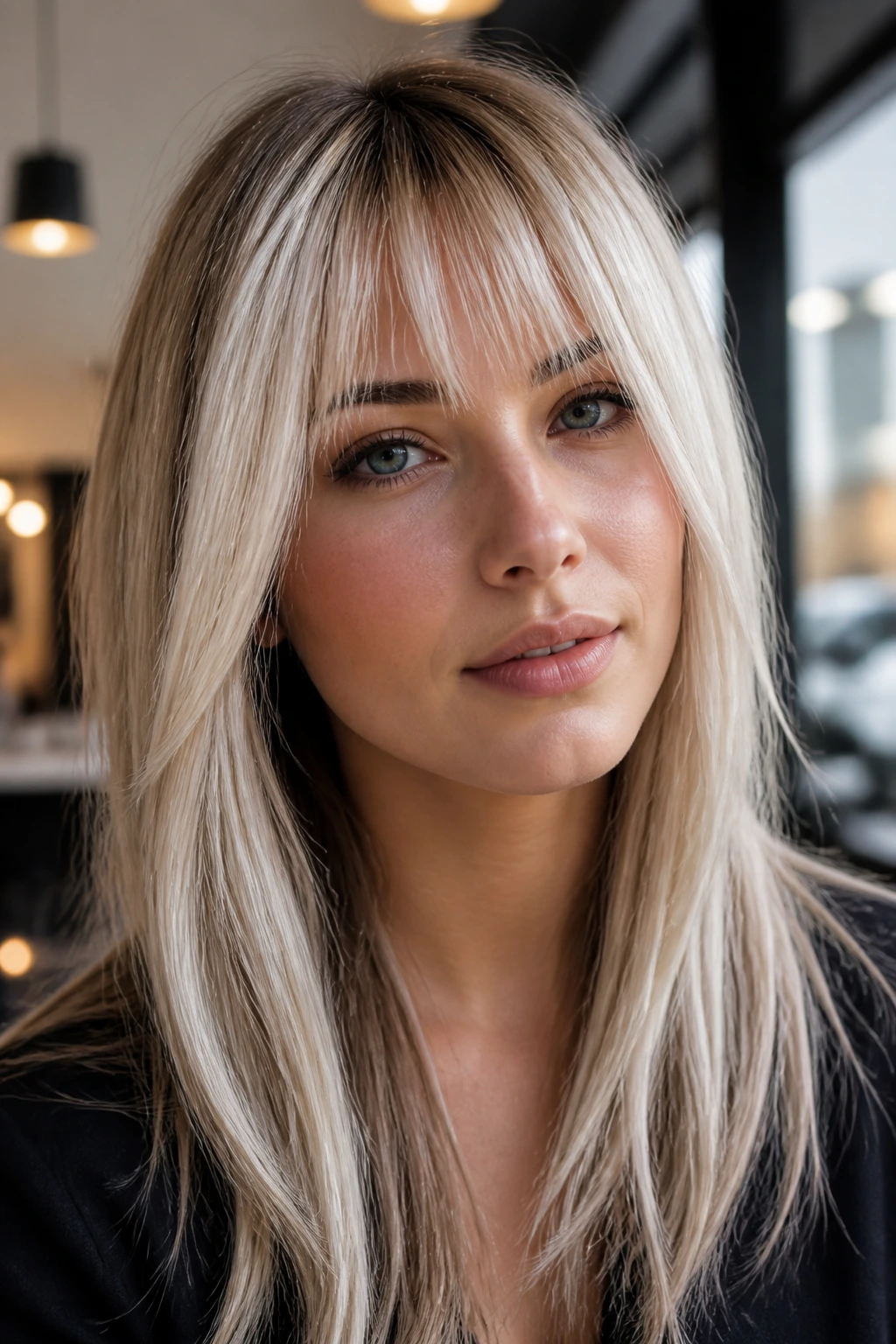 Portrait of a real woman with platinum face-framing highlights and wispy fringe