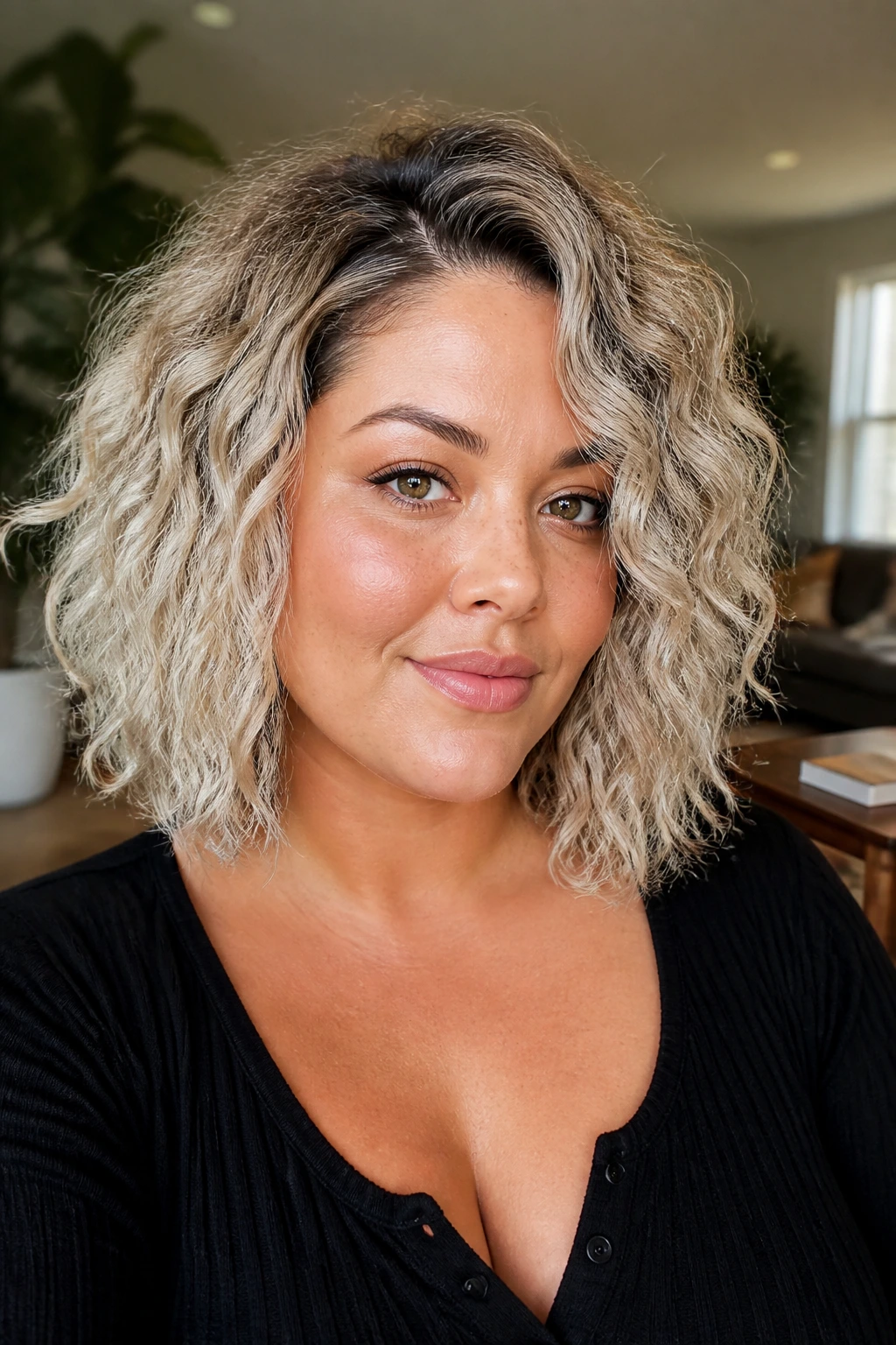 Close-up of a real woman with rooted platinum lob and off-center part