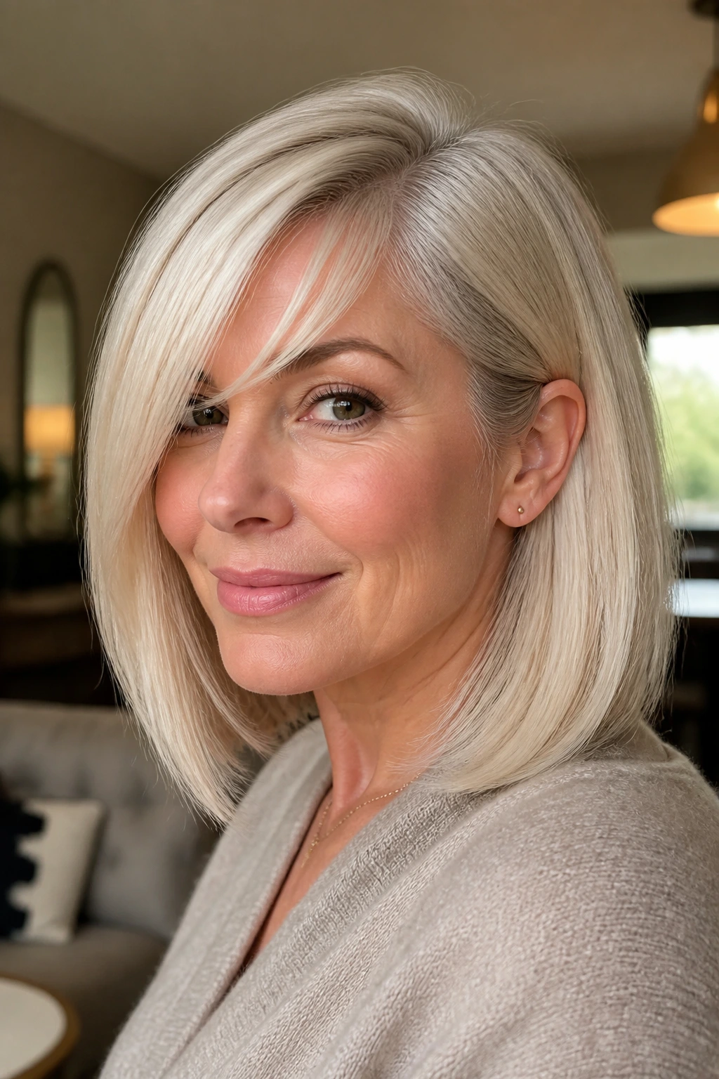 Close-up portrait of a real woman with platinum blonde sleek lob and side-swept fringe, crown lift visible