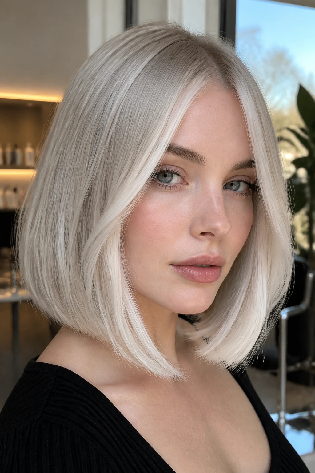 Close-up portrait of a real woman with platinum lob and face-framing ribbons.