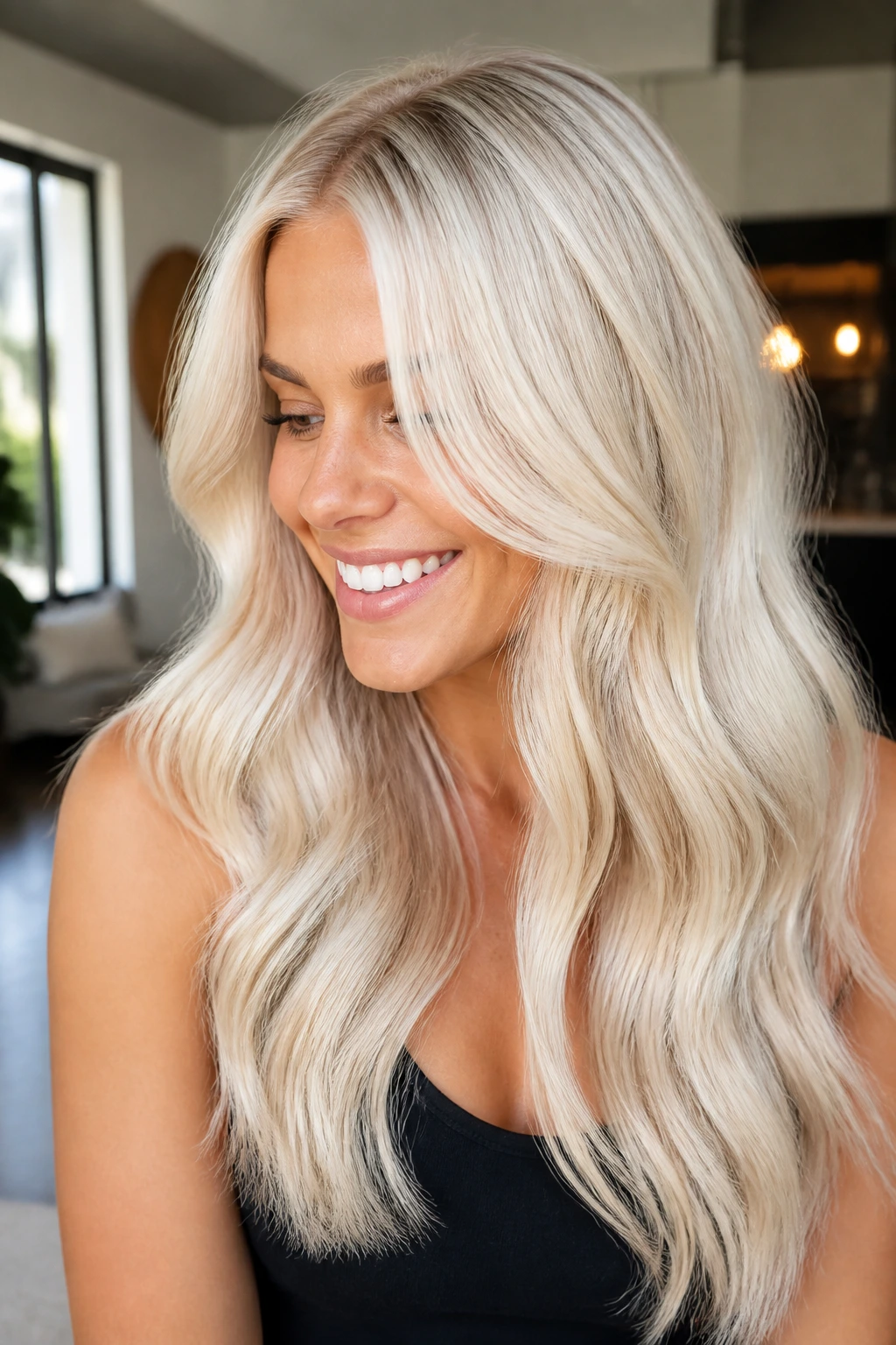 Real woman with bright platinum hair in a sunlit setting
