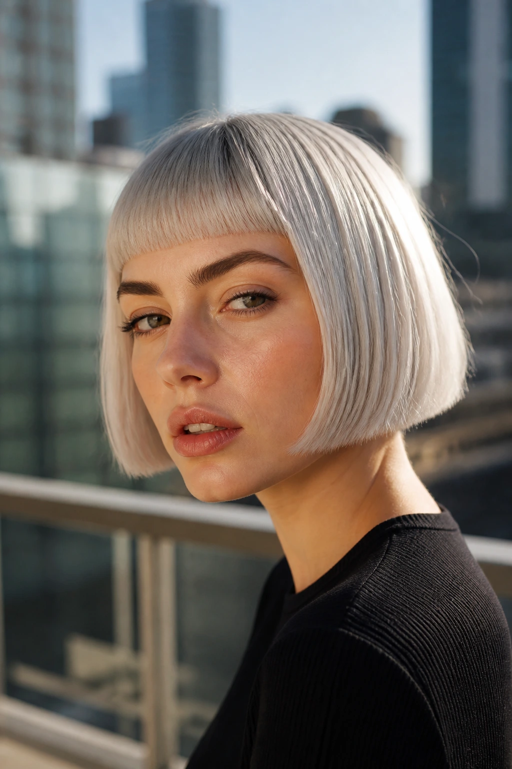 Close-up portrait of a real person with platinum silver micro-bang bob