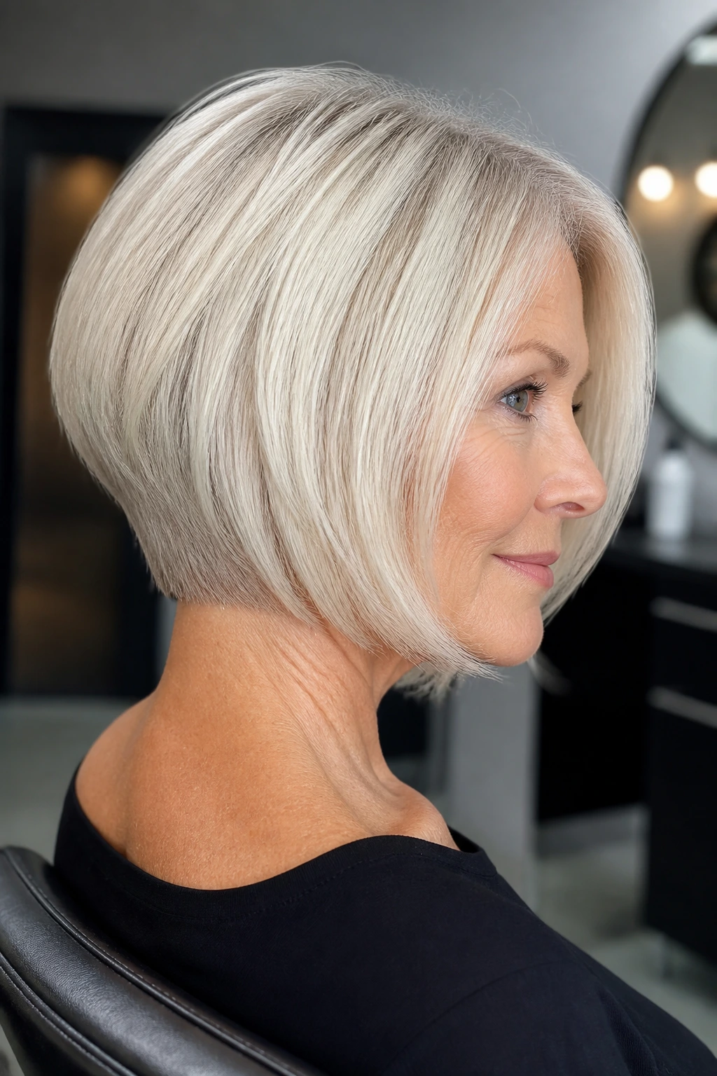 Real woman with platinum mid bob and tapered nape in a stylish salon.