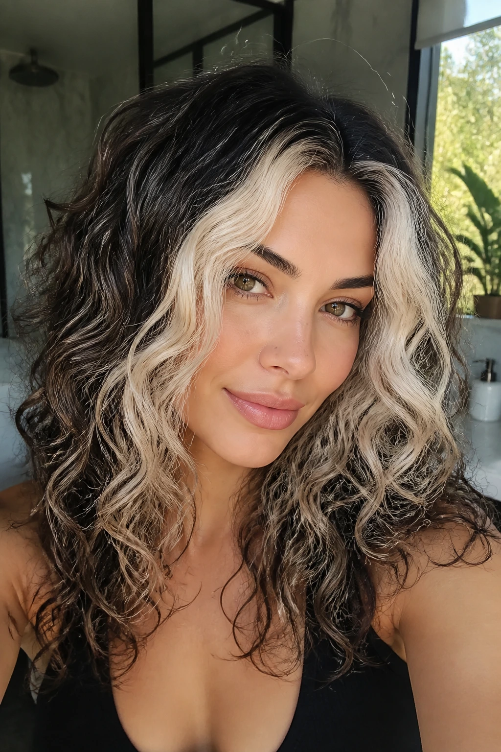 Close-up of a real woman with platinum money piece and dark roots on curly hair